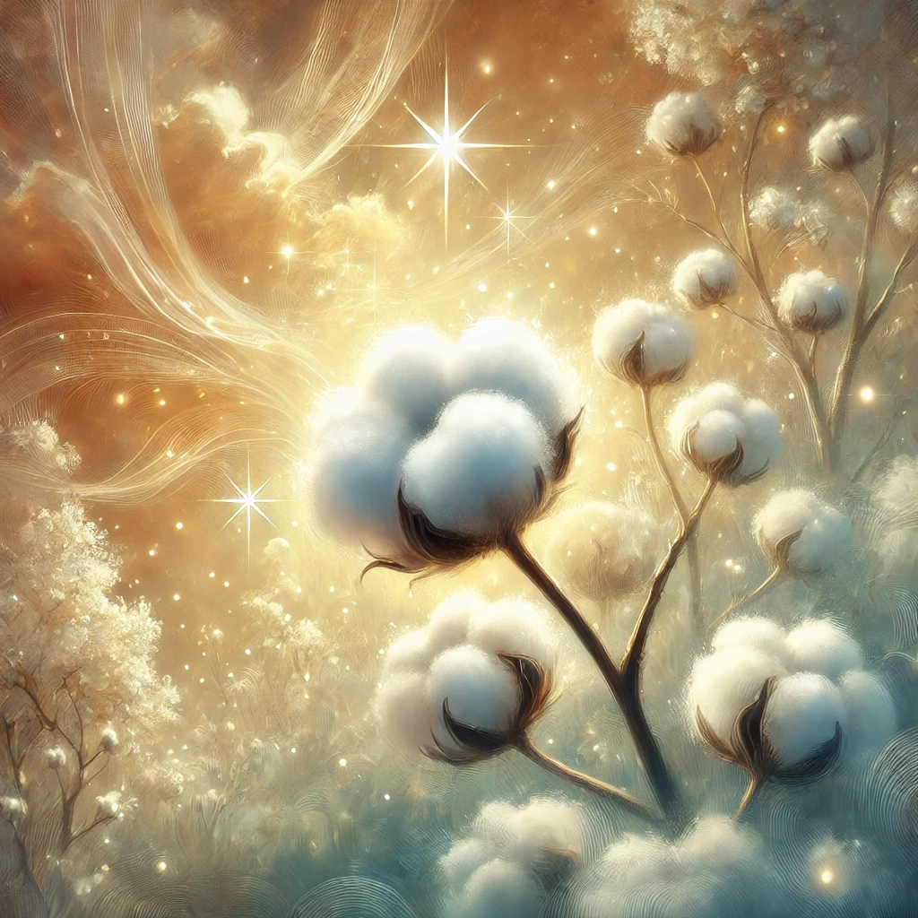 صورة رمزية تعبر عن تفسير القطن في المنام، تصور نباتات القطن البيضاء تحت ضوء ناعم ومضيء