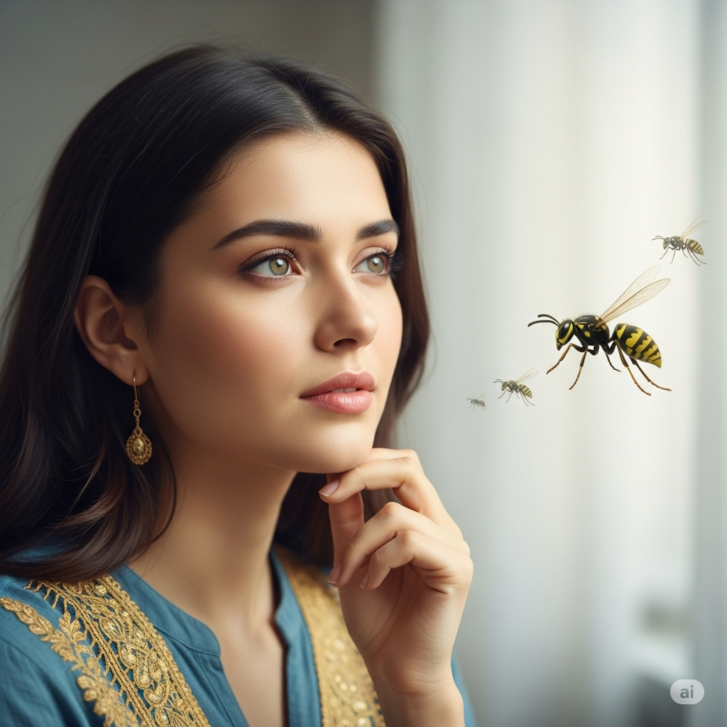 صورة تُظهر امرأة شابة ذات شعر داكن وتعبير متفكر، تحيط بها بشكل خفي دبابير أثيرية، في إشارة إلى حالة حالمة وموضوعات التفسير لمقال عن أحلام الدبابير لدى النساء العازبات والمتزوجات.