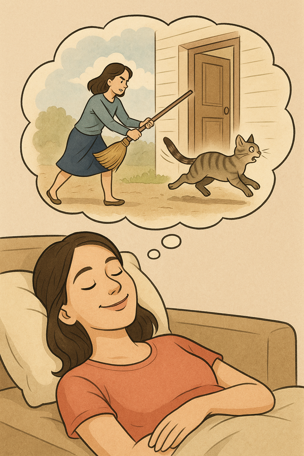 امرأة نائمة تحلم بطرد قطة من بيتها باستخدام مكنسة، تعبيرًا عن الانتصار على المشاكل أو الأشخاص المزعجين.