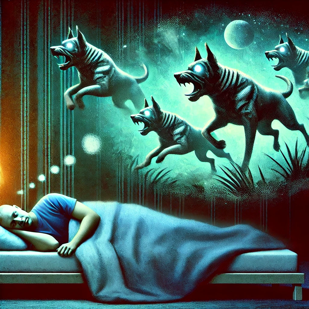 صورة تمثل شخصًا نائمًا يعاني من كابوس يظهر فيه هجوم كلاب عليه