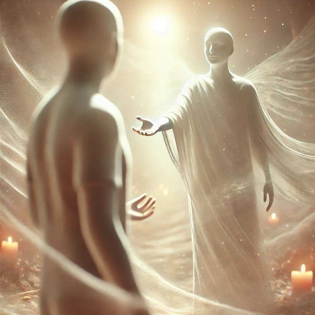 صورة تُظهر مشهدًا في المنام، حيث يظهر شخص يمثل أحد الأحباء المتوفين بهدوء وسلام، ويمد يده برفق كما لو كان يطلب شيئًا.