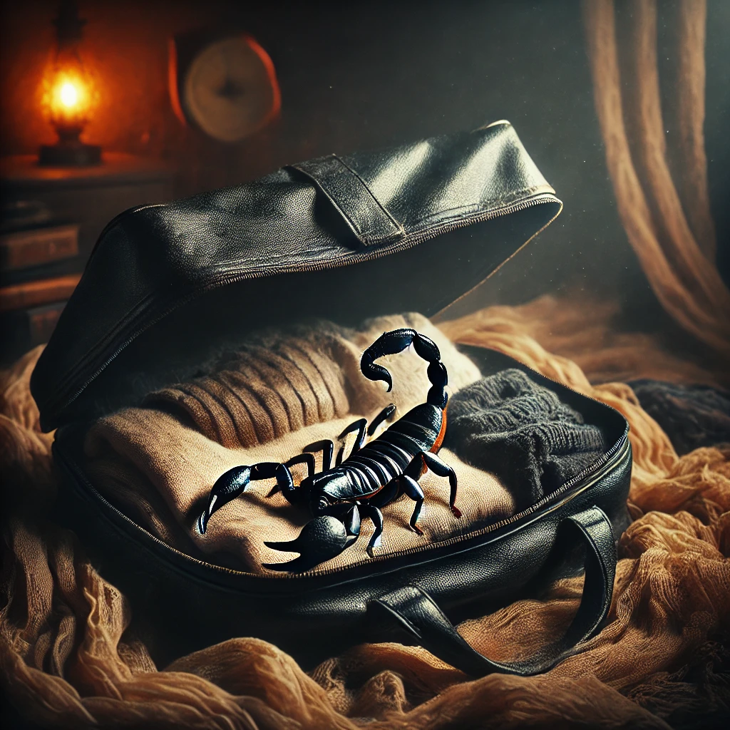 مشهد غامض لعقرب داخل حقيبة مفتوحة، يزحف فوق الملابس المطوية. الأجواء مظلمة ومخيفة قليلاً مع إضاءة خافتة تعزز الطبيعة الرمزية والمقلقة للحلم. العقرب بلون أسود أو ذهبي، يبرز بوضوح على القماش، مما يضفي على الصورة طابعًا واقعيًا وحلميًا في آن واحد.