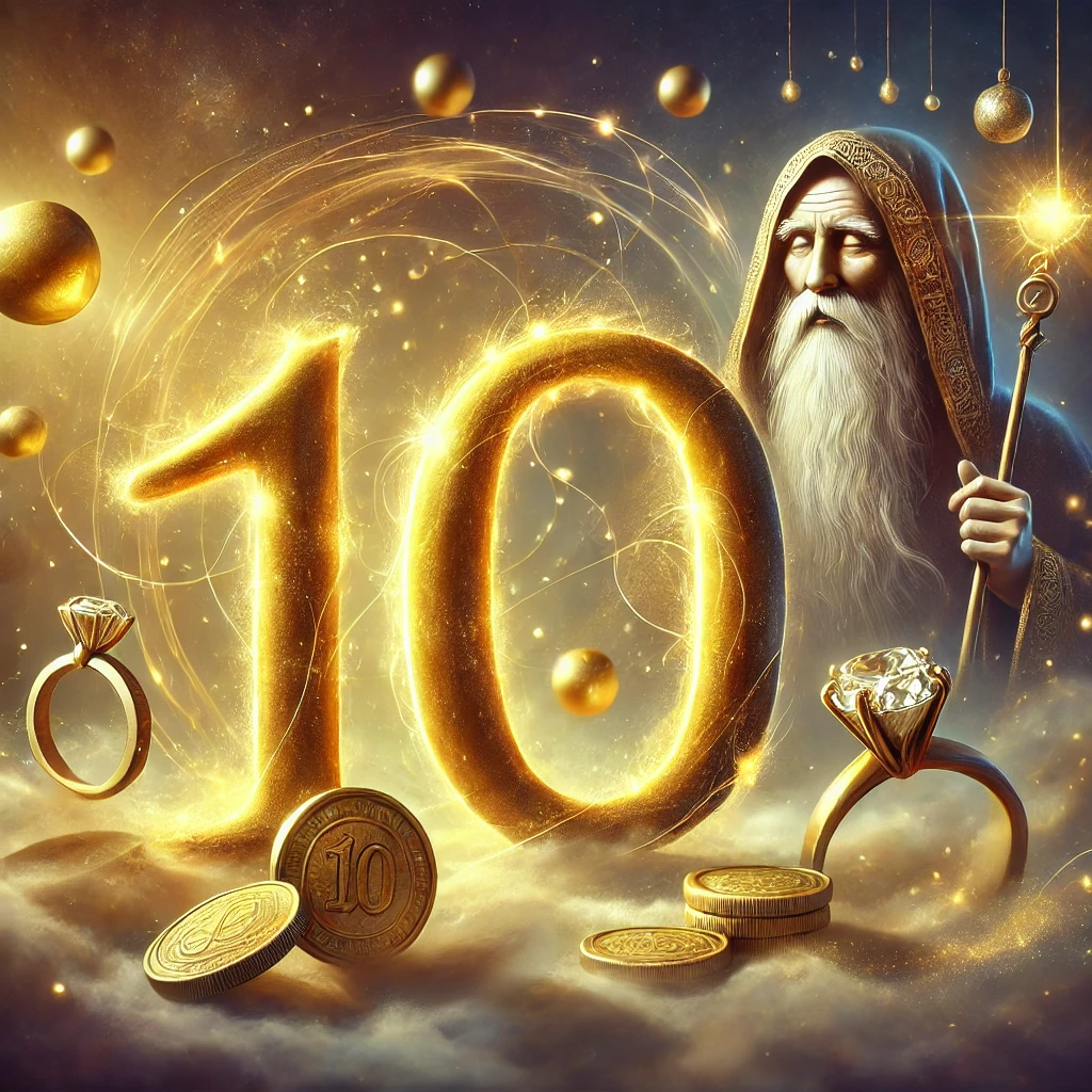 مشهد غامض يشبه الحلم يظهر الرقم 10 بتأثيرات سحرية ورمزية، يعبر عن التفاؤل والوفرة في تفسير الأحلام.