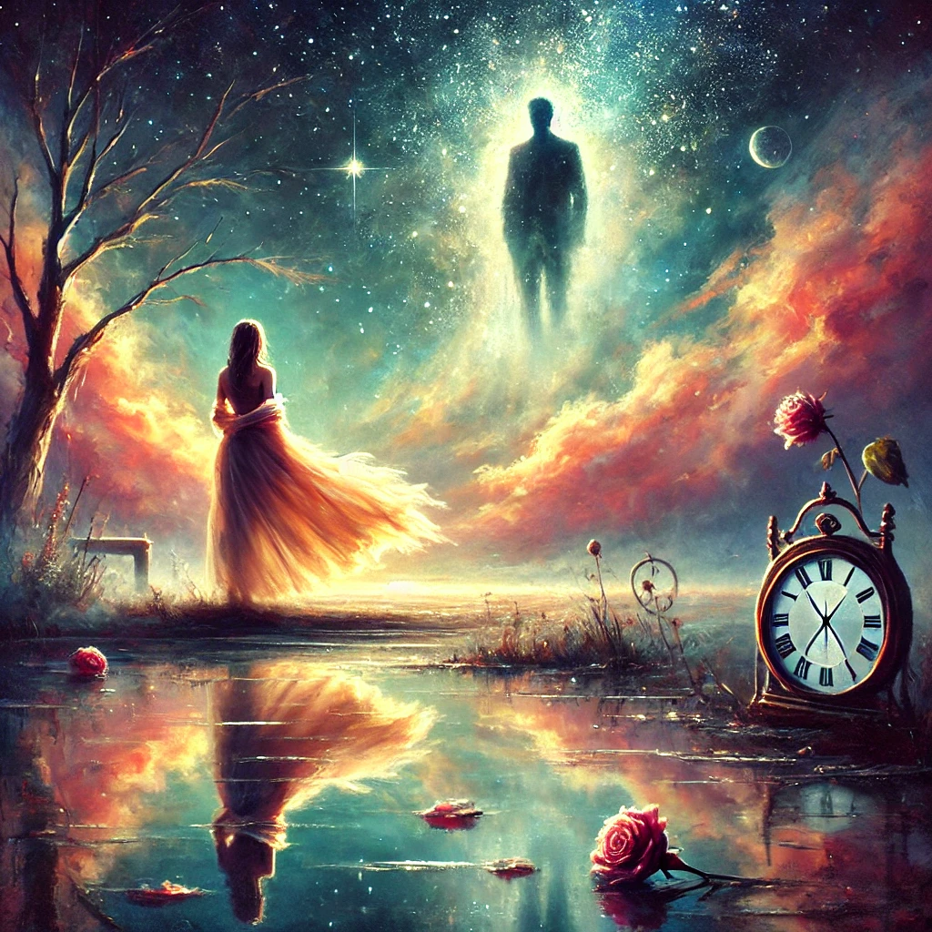 رسم فني حالم لفتاة عزباء تقف بجوار بحيرة هادئة ليلاً، تتأمل طيف حبيبها السابق المتلاشي في السماء، تحيط بها رموز الحب والذكريات مثل ورود ذابلة وساعات مكسورة، في مشهد رمزي يعبر عن رحلة داخل النفس والذاكرة.