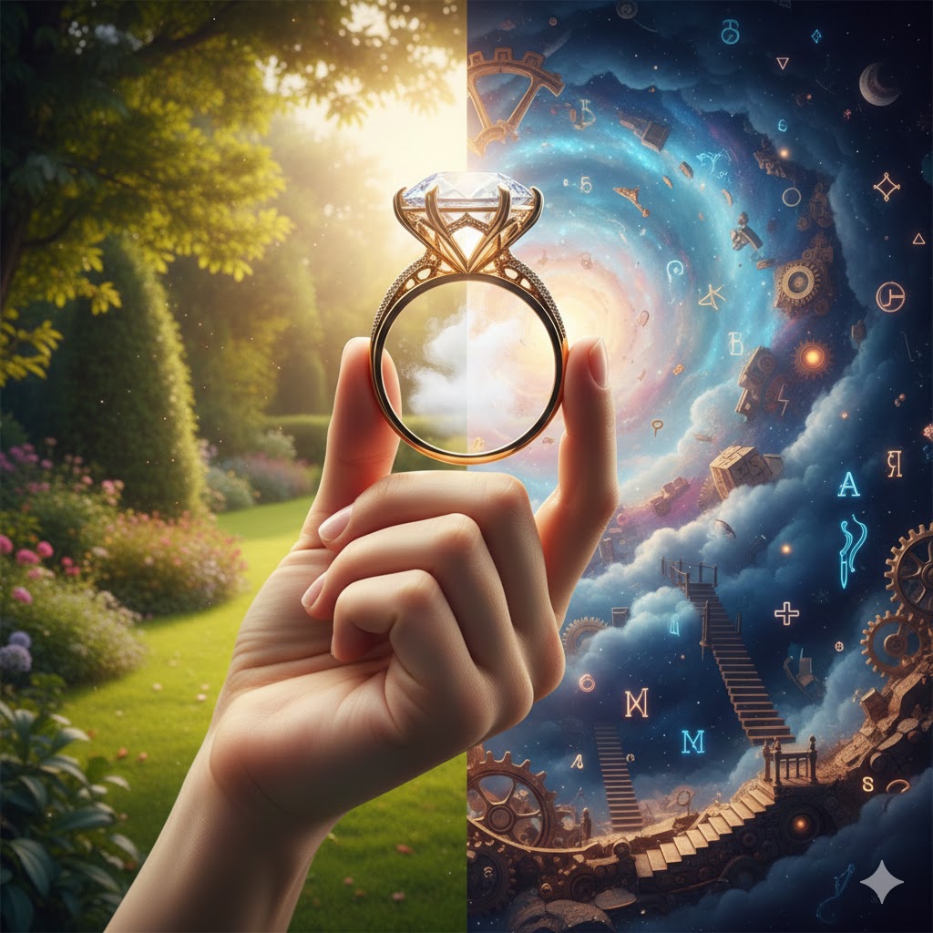 صورة تعبيرية لفتاة عزباء تنظر بقلق إلى خاتم خطوبة واسع في يدها اليمنى، كجزء من مقال تفسير الأحلام على موقع نموذج.